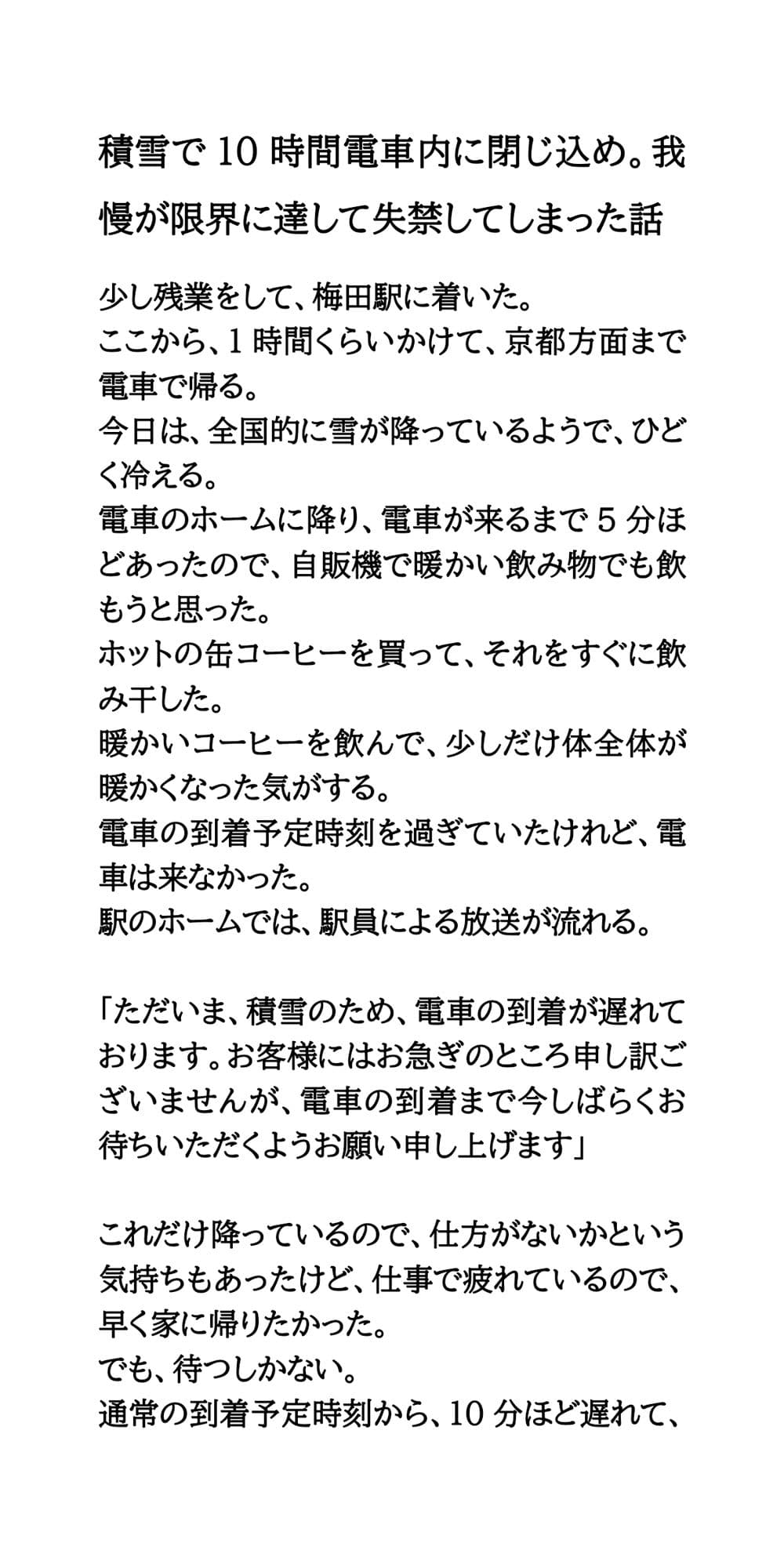 積雪で10時間電車内に閉じ込め。我慢が限界に達して失禁してしまった話 サンプル画像 1