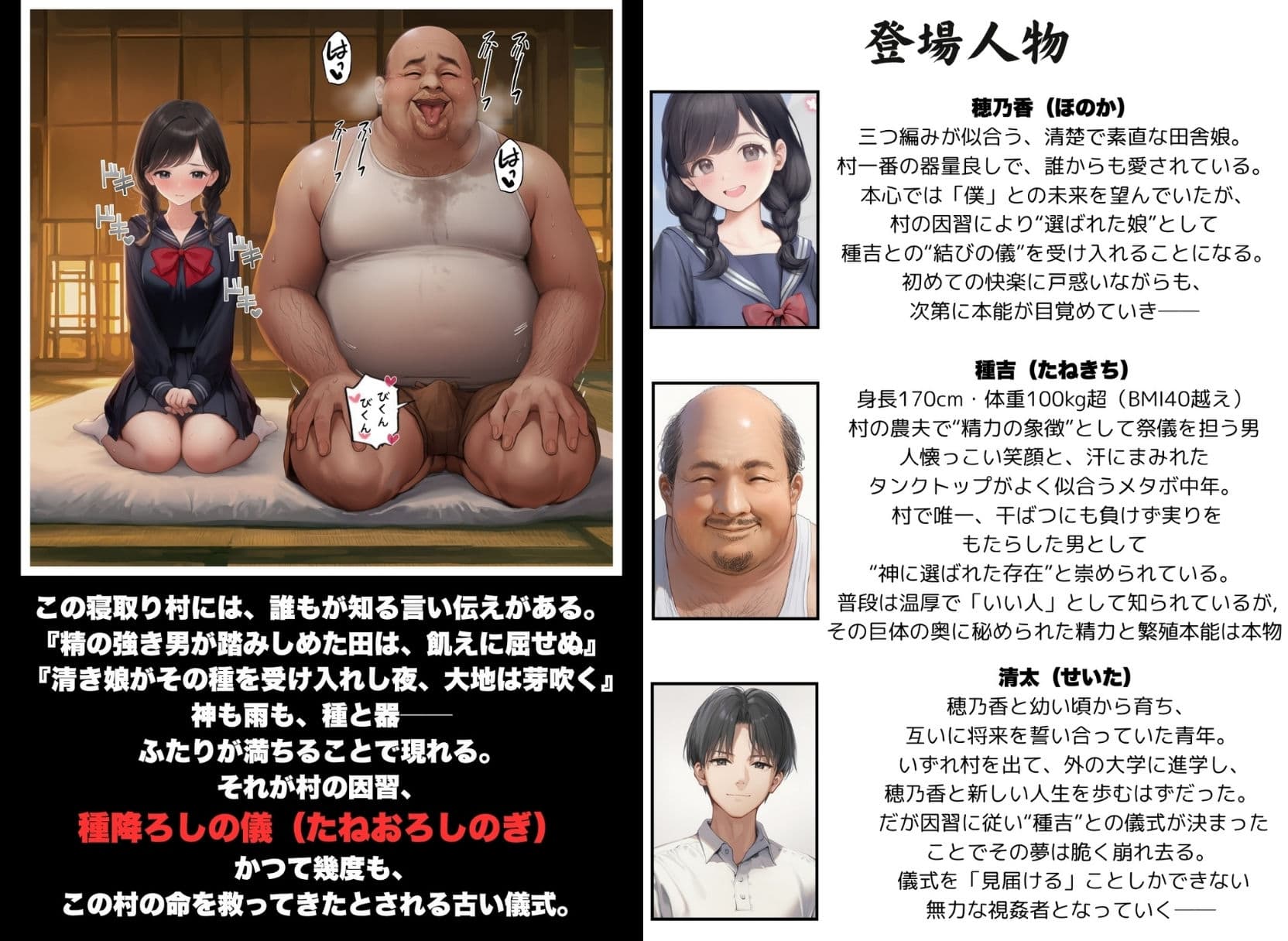 【因習村】村の飢饉を救うため差し出された僕の彼女、BMI40越えで性欲だけはいっちょまえの種付けおじさんに媚薬を飲まされ、おじさん特有のねちっこい前戯で全身べちょべちょに舐められたあげく、聖なる肉棒（チンカス付き）の掃除を実施！ その後はついに処女おまんこにゴールイン！入念かつ丹念にがん突きにされ、イキまくりんぐ！一晩中汗だくで連続絶頂アクメを決めさせられた話。 「穂乃香ぁ〜、オラの精、まるごと受け止めてくんろぉ〜〜！」 サンプル画像 1
