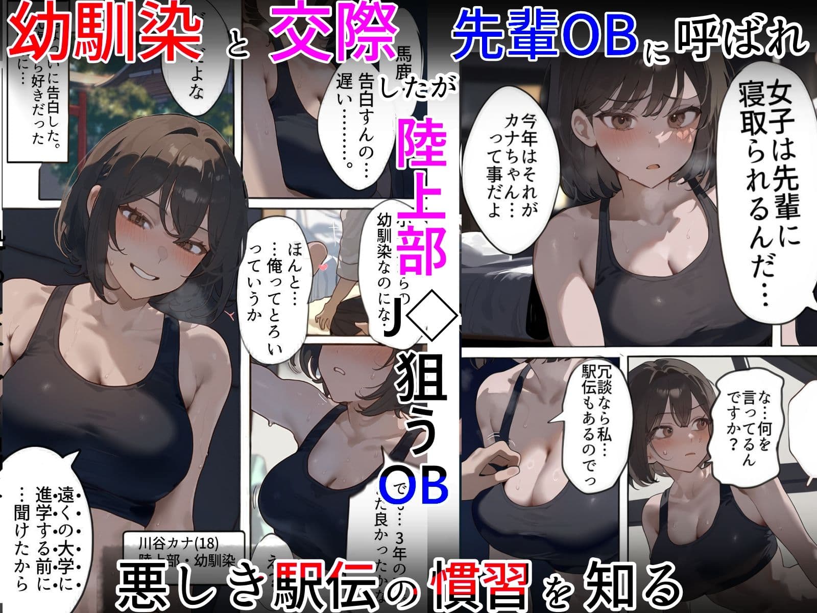 開催!寝取られ駅伝〜陸上女子は大会中に先輩OB達に中出し孕ませられても繋げ!精子塗れのバトンで優勝狙う!大学で遠距離になる前最後の幼馴染彼氏との初セックスは延期で色黒チャラ男OBに寝取られる話 サンプル画像 1