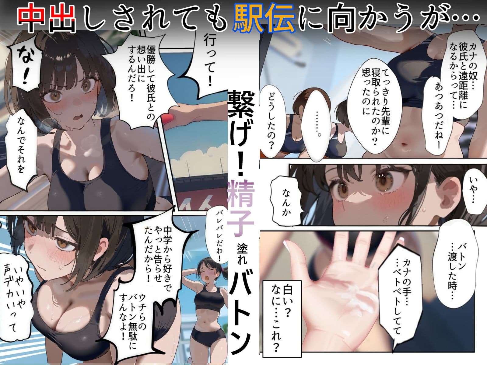 開催!寝取られ駅伝〜陸上女子は大会中に先輩OB達に中出し孕ませられても繋げ!精子塗れのバトンで優勝狙う!大学で遠距離になる前最後の幼馴染彼氏との初セックスは延期で色黒チャラ男OBに寝取られる話 サンプル画像 7