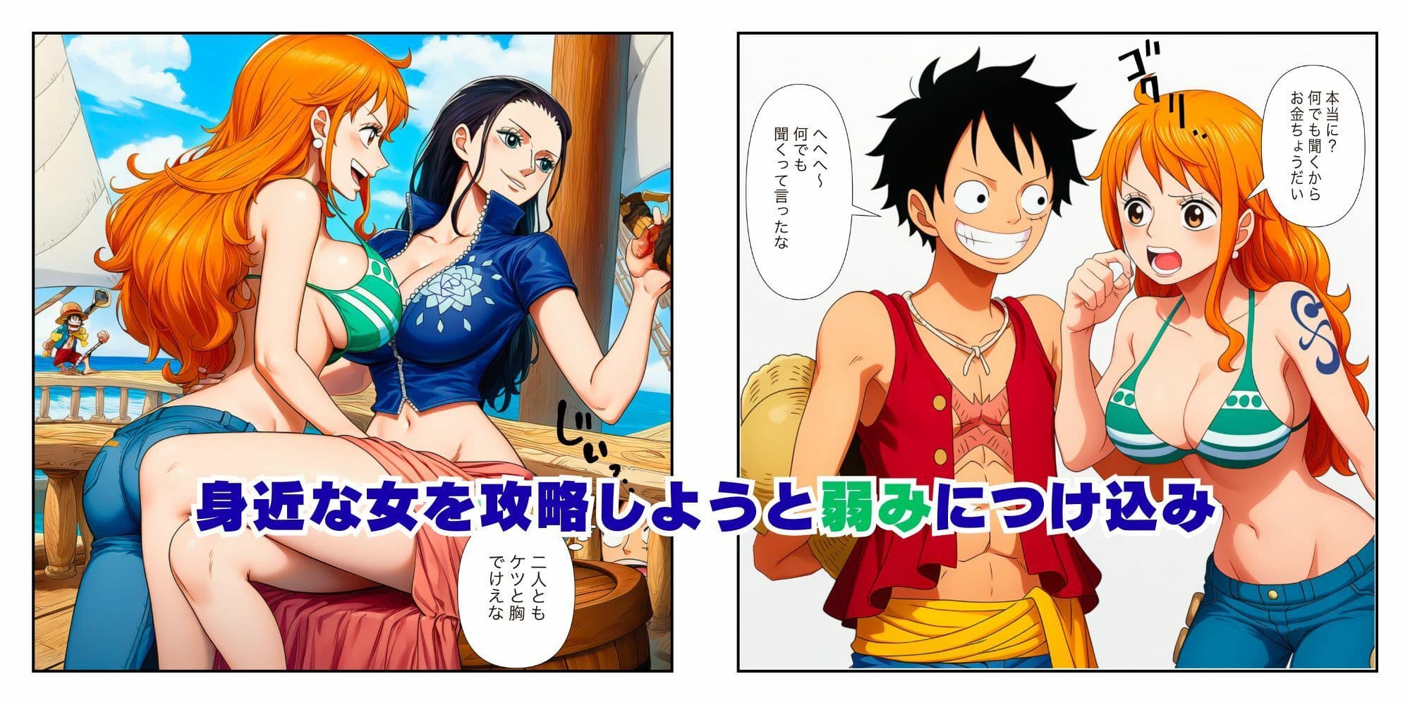 ハーレムSEX ワンピ美女が(ナミ・ロビン・蛇娘)ルフィと快楽堕ちバトル サンプル画像 3