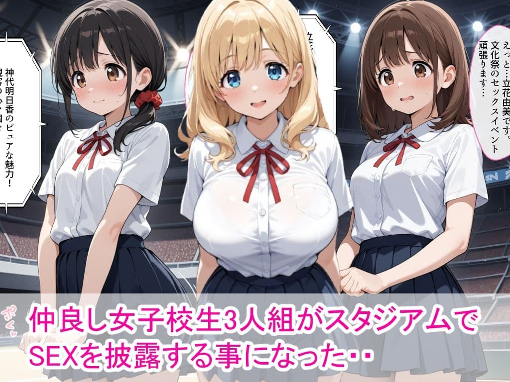 女子校生3人組が文化祭のスタジアムSEXイベントで中出しを披露した話 サンプル画像 1